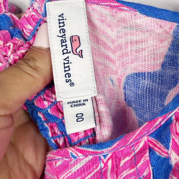 Vineyard Vines Size 00 Pink Blue Palm Print Maxi Dress Cross Strap Linen Blend - Picture 9 of 11